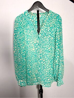 Turquoise & Cream Animal-Print Button Front Blouse